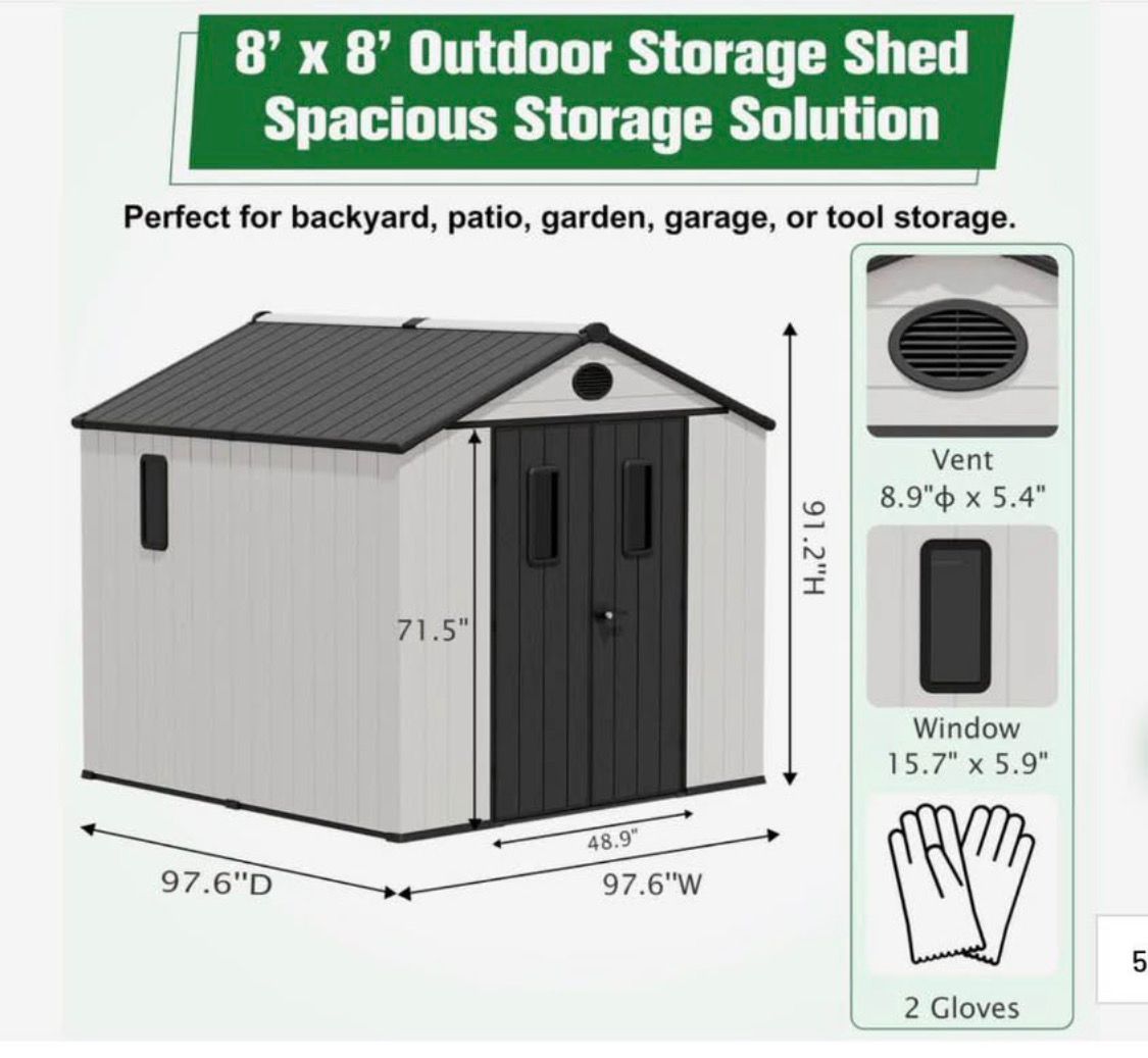 8 x 8 FT Plastic Outdoor Storage Shed with Floor,Garden Resin Shed with Window&nbsp;