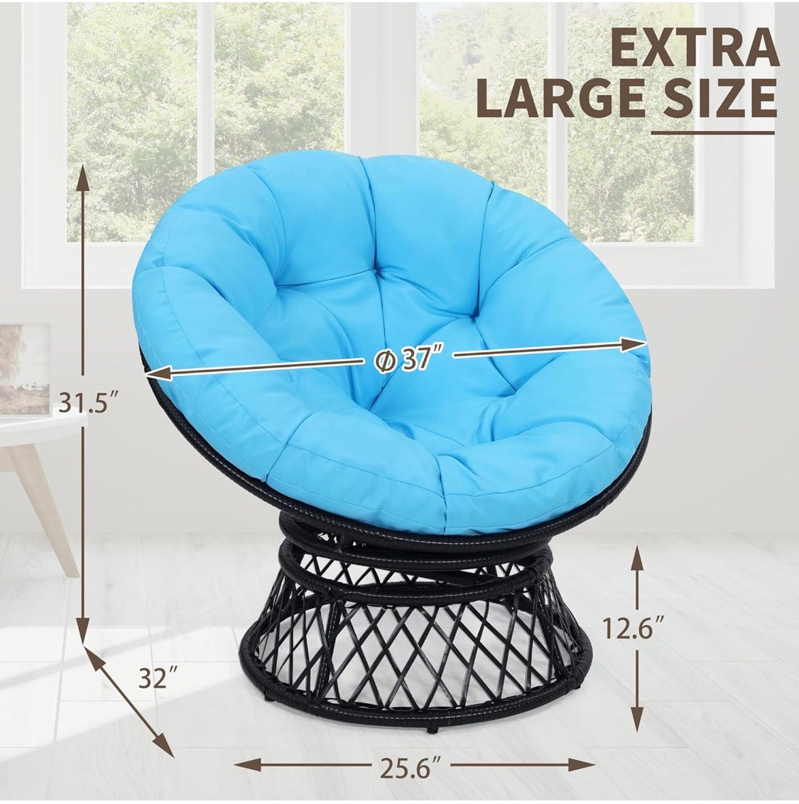 40" Papasan Chair, Ergonomic Wicker 360° Swivel Indoor Outdoor with Blue Cushion