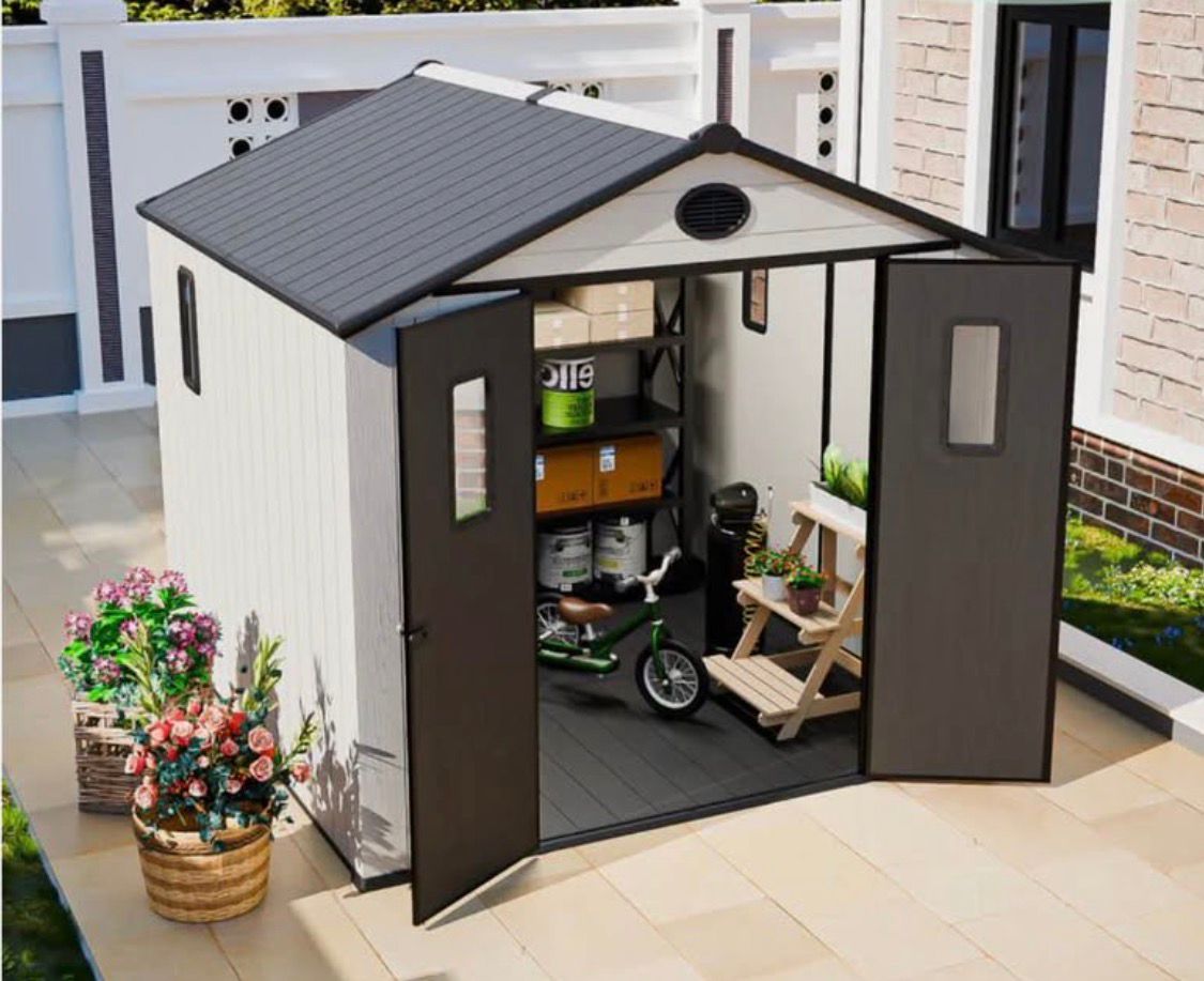 8 x 8 FT Plastic Outdoor Storage Shed with Floor,Garden Resin Shed with Window&nbsp;