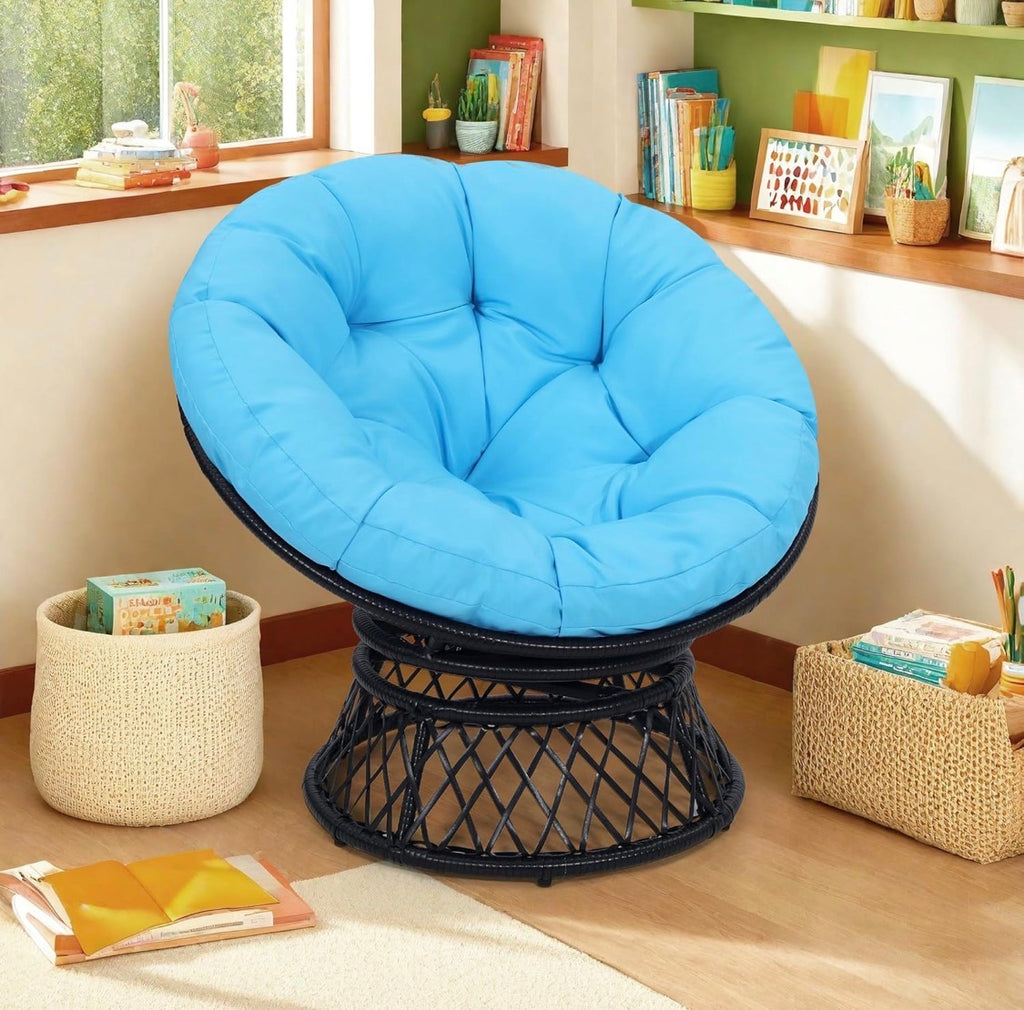 40" Papasan Chair, Ergonomic Wicker 360° Swivel Indoor Outdoor with Blue Cushion