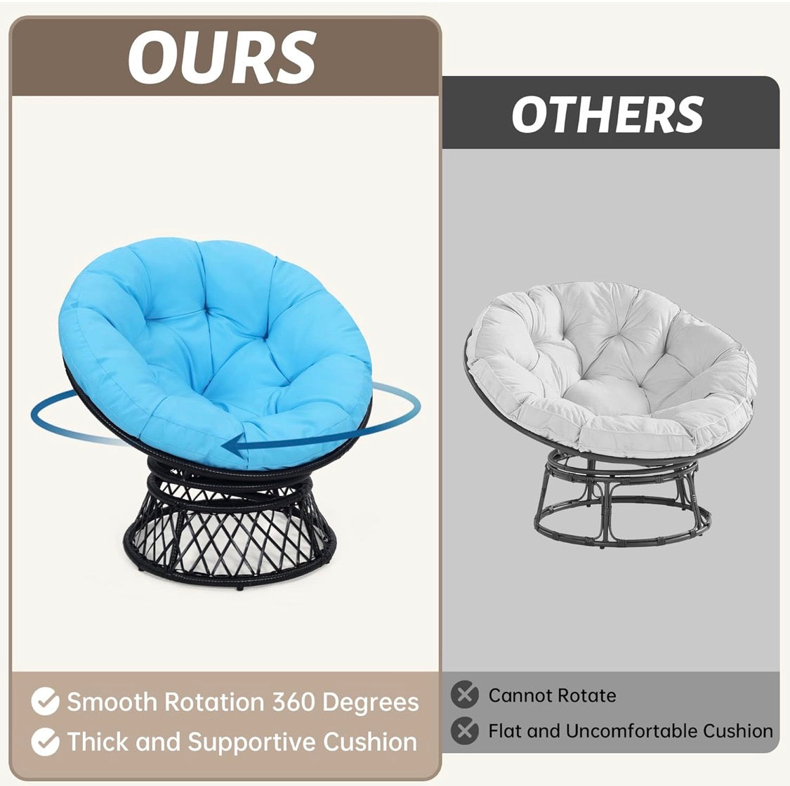 40" Papasan Chair, Ergonomic Wicker 360° Swivel Indoor Outdoor with Blue Cushion
