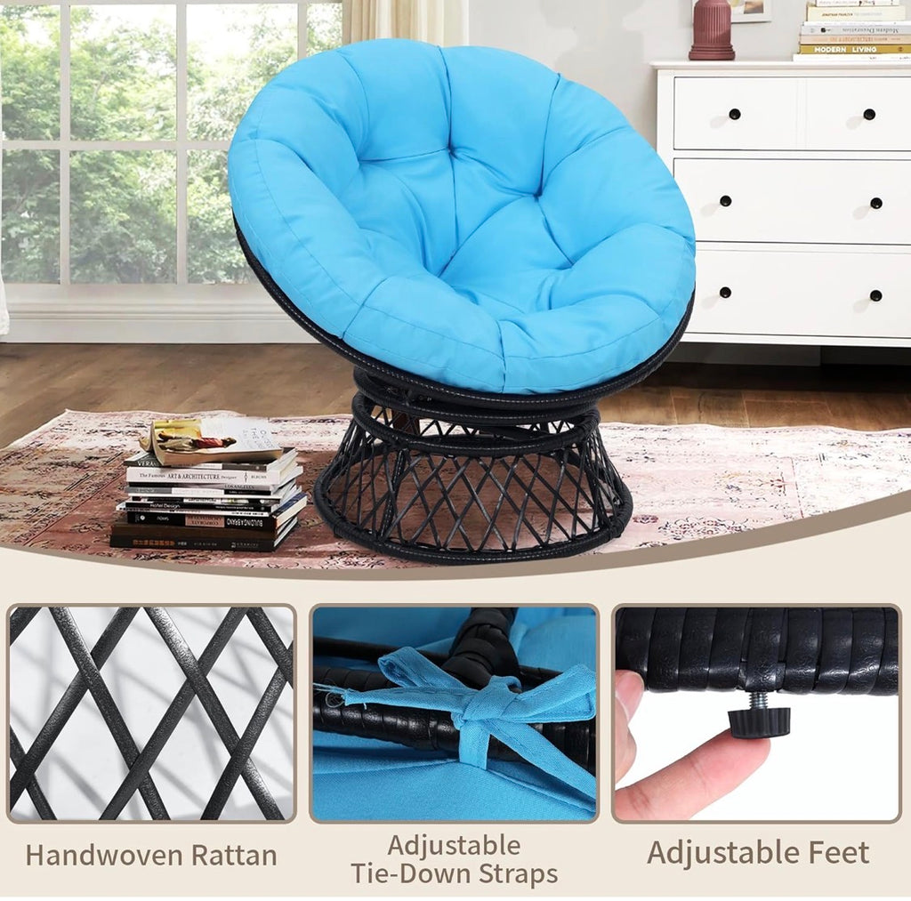 40" Papasan Chair, Ergonomic Wicker 360° Swivel Indoor Outdoor with Blue Cushion