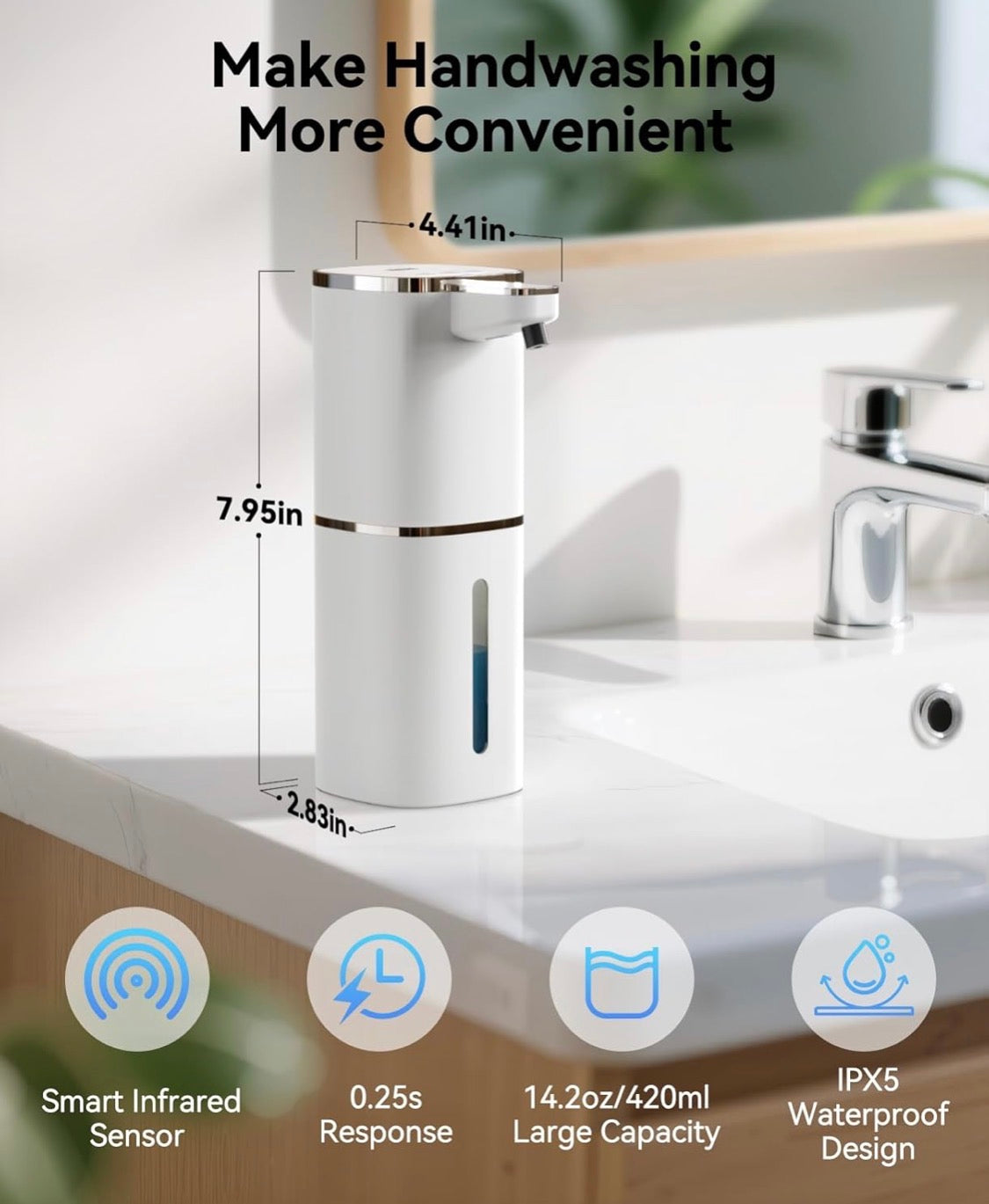 Foaming Soap Dispenser Touchless, USB Rechargeable Smart Hand Soap Dispenser