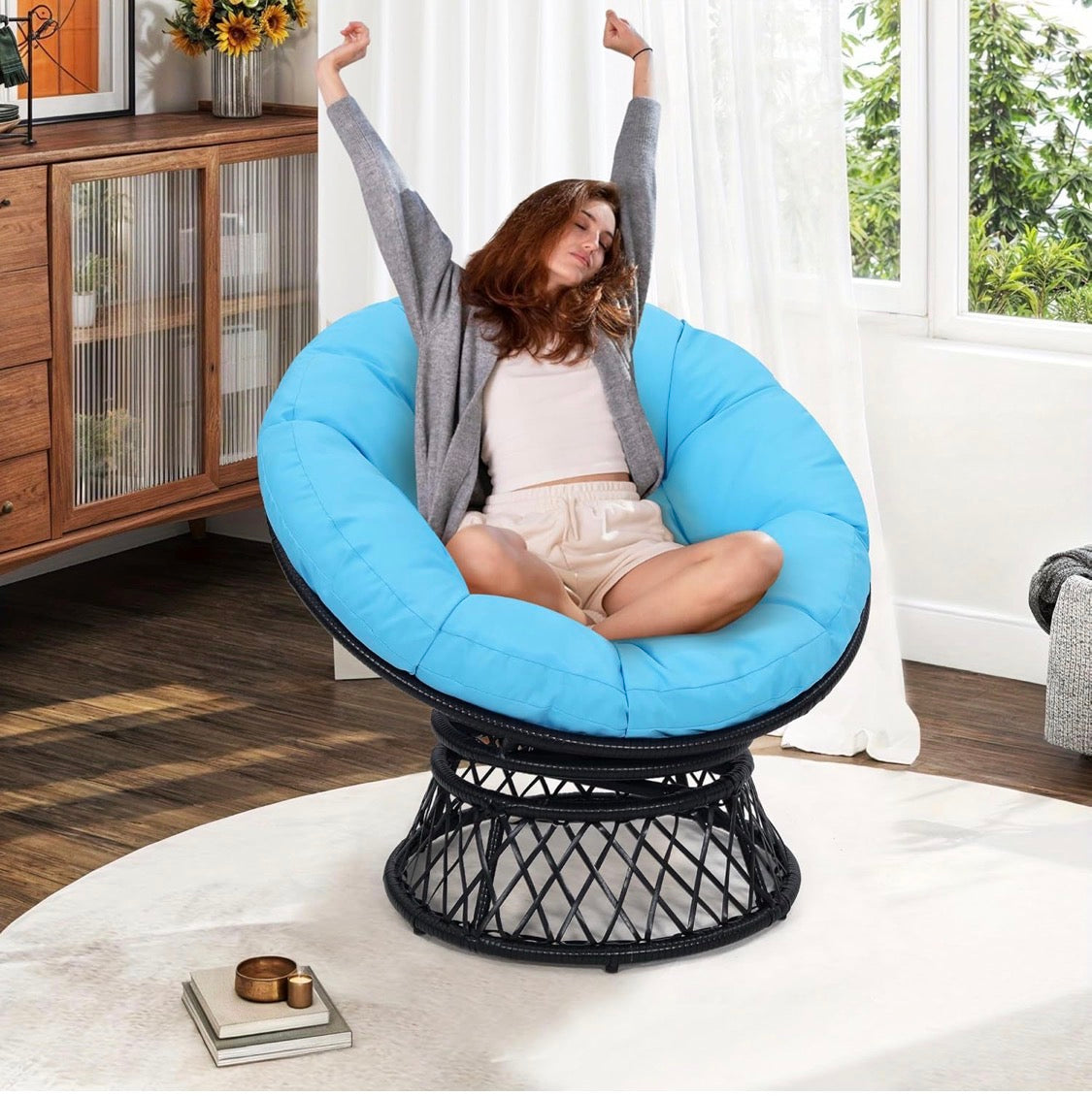 40" Papasan Chair, Ergonomic Wicker 360° Swivel Indoor Outdoor with Blue Cushion