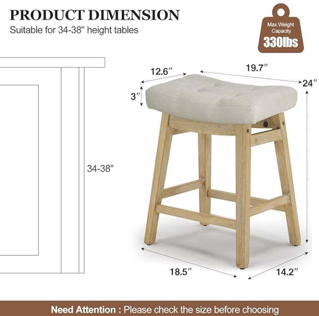 Counter Height Bar Stools set of 2, Beige Fabric