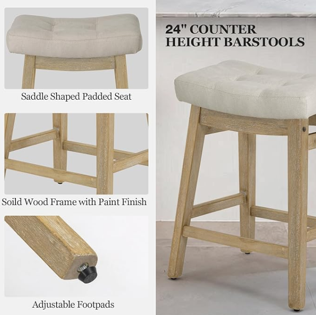 Counter Height Bar Stools set of 2, Beige Fabric