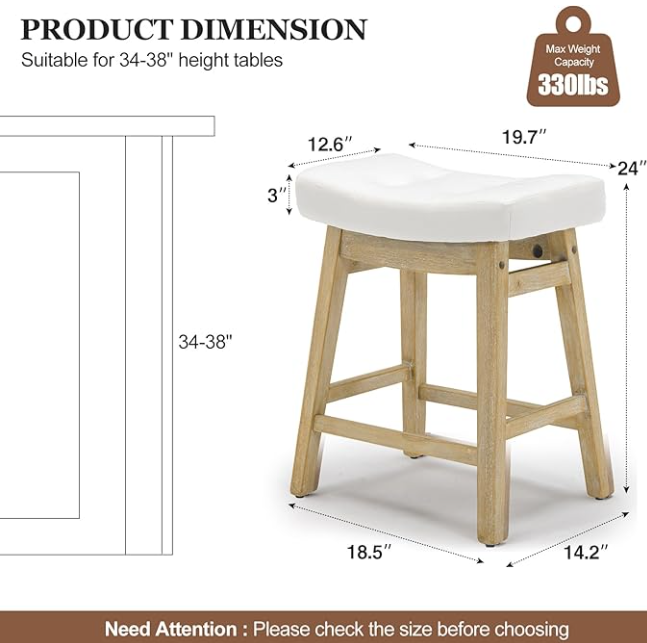 Counter Height Bar Stools Set of 2, White Leather