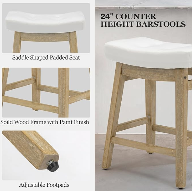 Counter Height Bar Stools Set of 2, White Leather