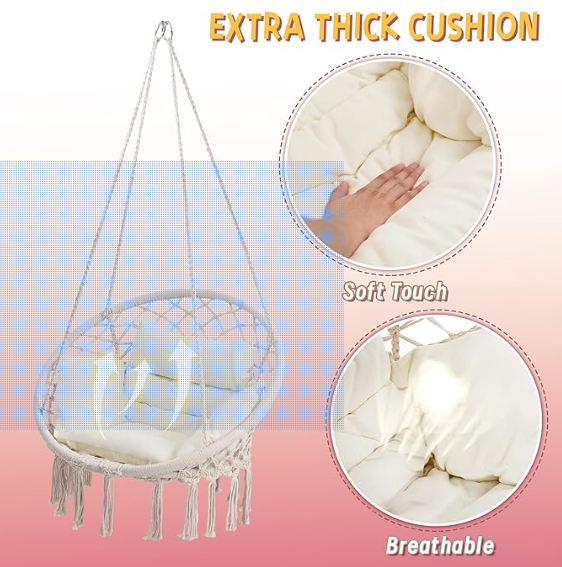 Macrame Hammock Hanging Swinging Chair, Beige
