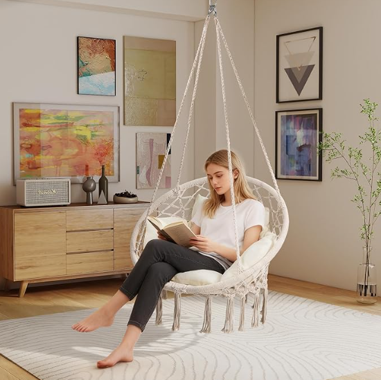 Macrame Hammock Hanging Swinging Chair, Beige