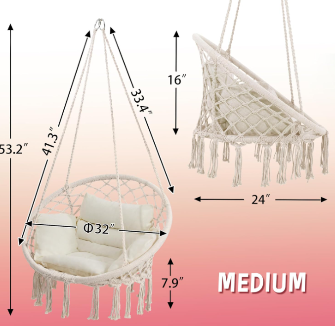 Macrame Hammock Hanging Swinging Chair, Beige