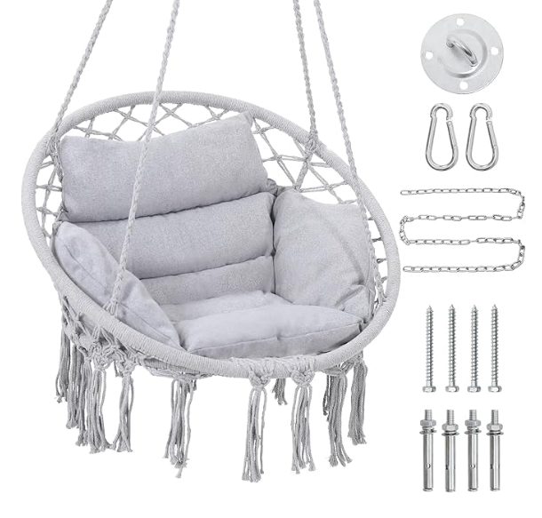 Macrame Hammock Hanging Swinging Chair, Grey