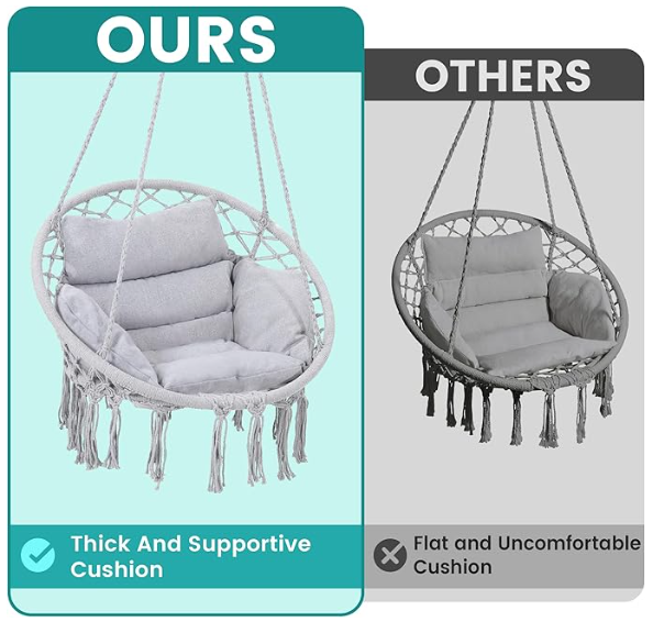 Macrame Hammock Hanging Swinging Chair, Grey
