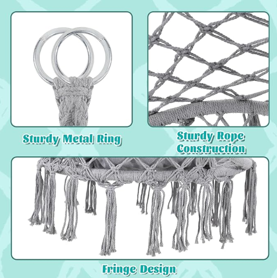 Macrame Hammock Hanging Swinging Chair, Grey