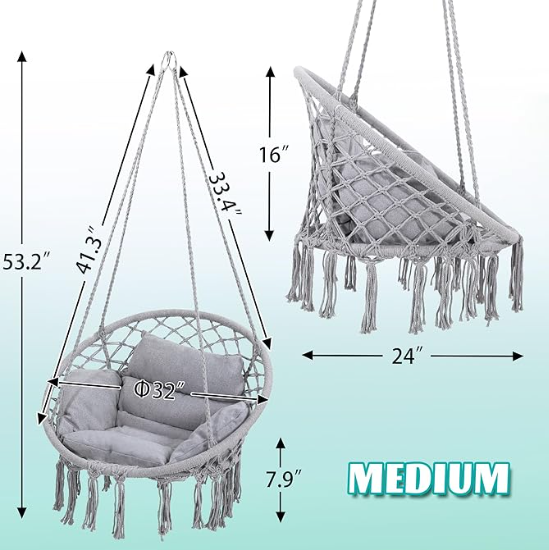 Macrame Hammock Hanging Swinging Chair, Grey