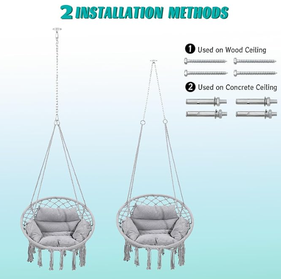 Macrame Hammock Hanging Swinging Chair, Grey