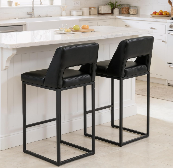 Counter Height Black Bar Stools Set of 2 for Kitchen Counter Modern Bar Chairs with Backs for Kitchen, Black