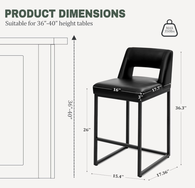 Counter Height Black Bar Stools Set of 2 for Kitchen Counter Modern Bar Chairs with Backs for Kitchen, Black