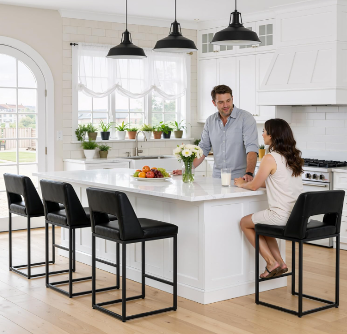 Counter Height Black Bar Stools Set of 2 for Kitchen Counter Modern Bar Chairs with Backs for Kitchen, Black