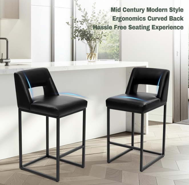 Counter Height Black Bar Stools Set of 2 for Kitchen Counter Modern Bar Chairs with Backs for Kitchen, Black