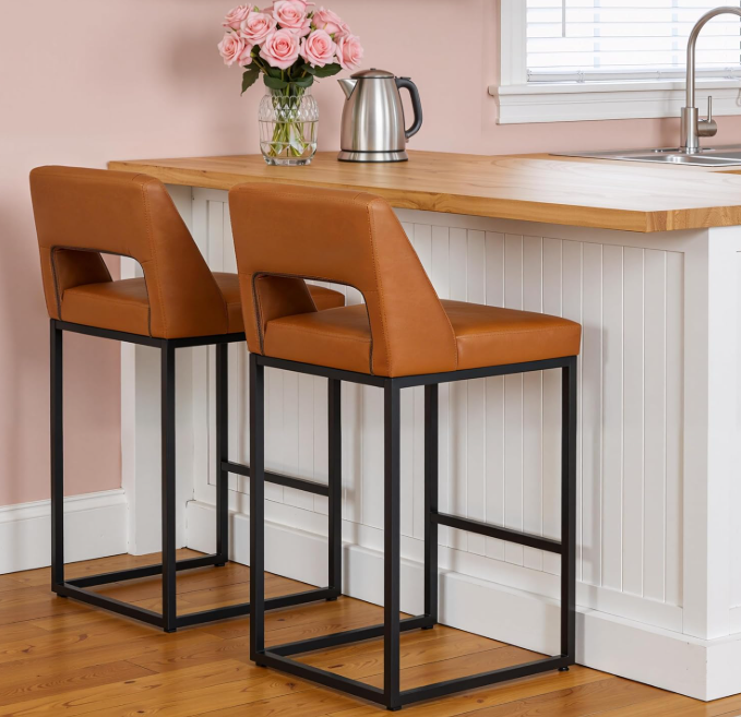 Counter Height Bar Stools Set of 2 for Kitchen Counter Modern Bar Chairs with Backs for Kitchen, Brown