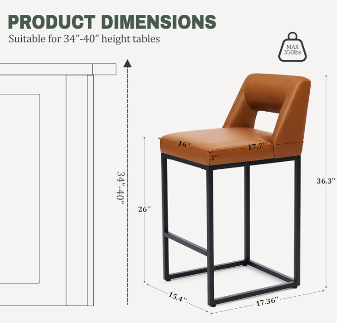 Counter Height Bar Stools Set of 2 for Kitchen Counter Modern Bar Chairs with Backs for Kitchen, Brown