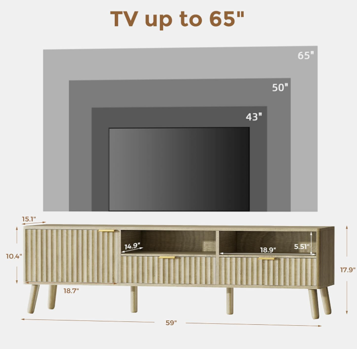 TV Stand for 55/60/65 inch TV Fluted TV Stand 59", Natural