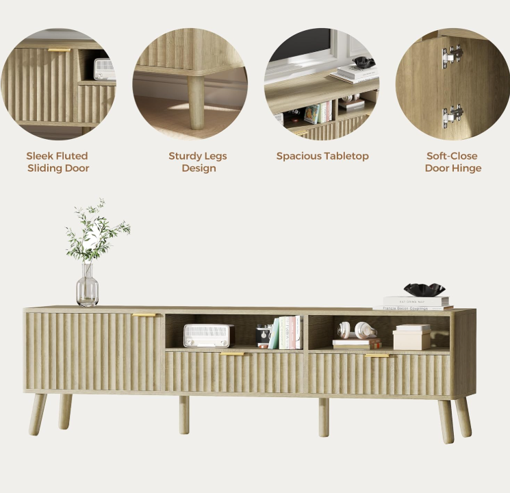 TV Stand for 55/60/65 inch TV Fluted TV Stand 59", Natural