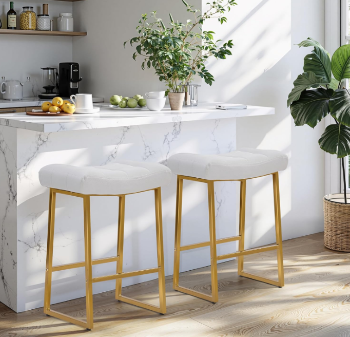 White &amp; Gold Counter Height Bar Stools Set of 2, White and Gold