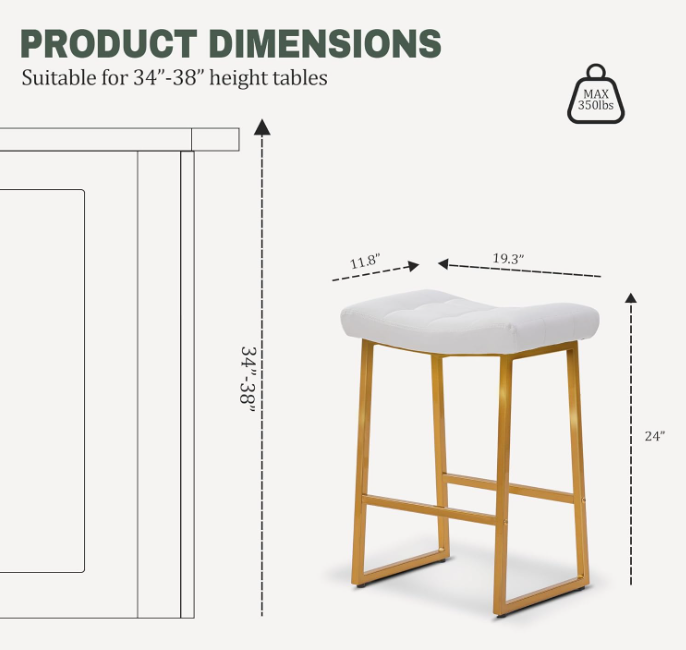 White &amp; Gold Counter Height Bar Stools Set of 2, White and Gold