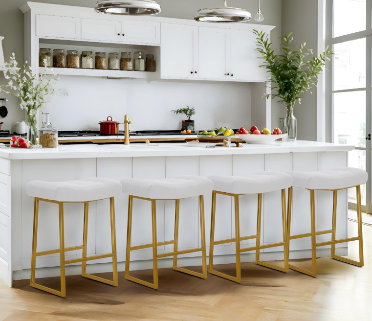 White &amp; Gold Counter Height Bar Stools Set of 2, White and Gold