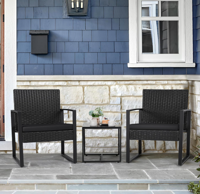 3 Pieces Outdoor Patio Wicker Furniture Set, Black Cushion