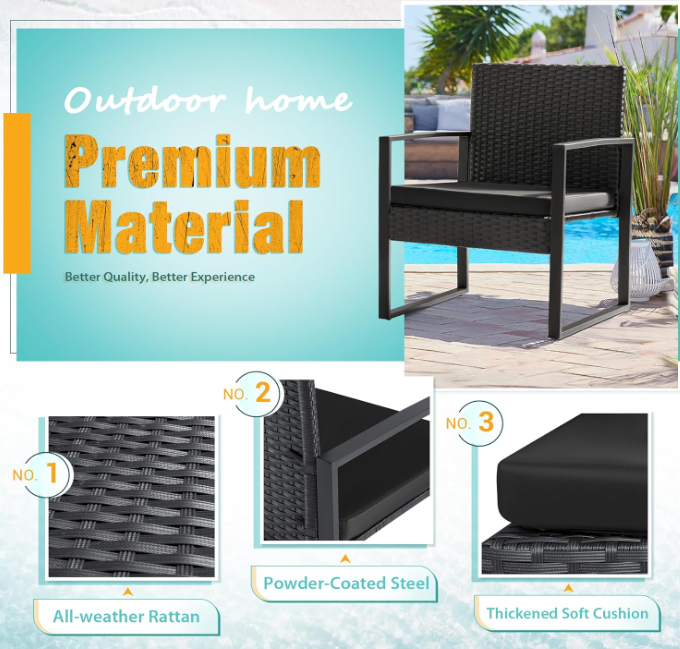 3 Pieces Outdoor Patio Wicker Furniture Set, Black Cushion