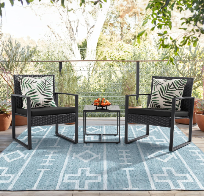 3 Pieces Outdoor Patio Wicker Furniture Set, Black Cushion