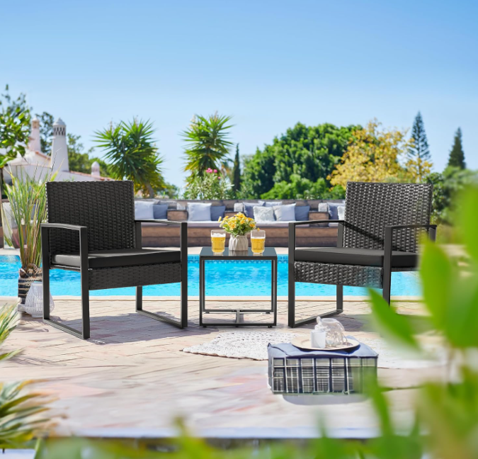 3 Pieces Outdoor Patio Wicker Furniture Set, Black Cushion