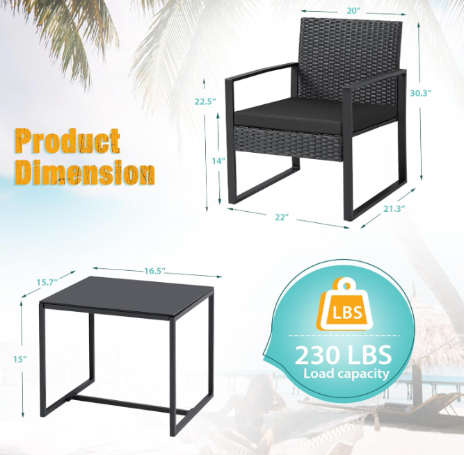 3 Pieces Outdoor Patio Wicker Furniture Set, Black Cushion