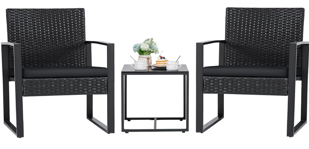 3 Pieces Outdoor Patio Wicker Furniture Set, Black Cushion