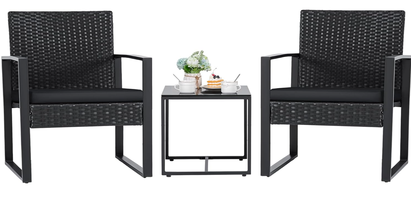 3 Pieces Outdoor Patio Wicker Furniture Set, Black Cushion