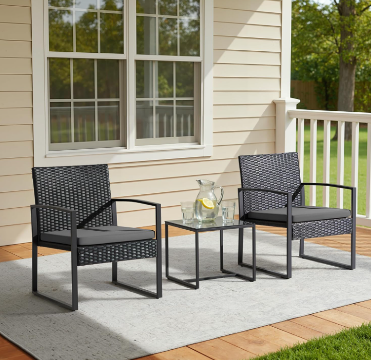 3 Piece Wicker Conversation Bistro Sets, Grey Cushion