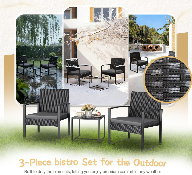 3 Piece Wicker Conversation Bistro Sets, Grey Cushion