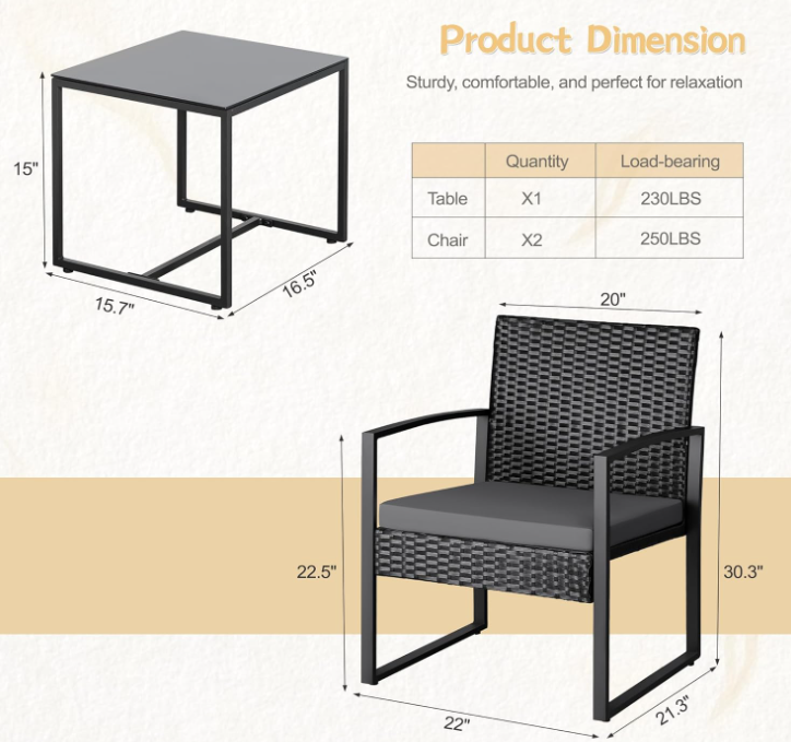 3 Piece Wicker Conversation Bistro Sets, Grey Cushion