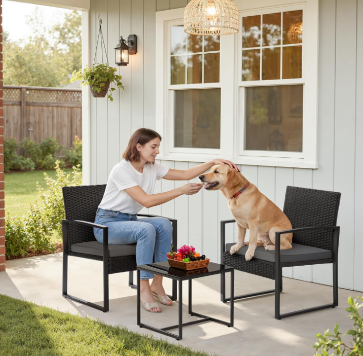 3 Piece Wicker Conversation Bistro Sets, Grey Cushion