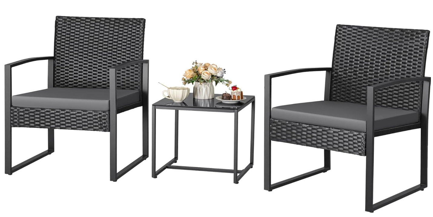 3 Piece Wicker Conversation Bistro Sets, Grey Cushion