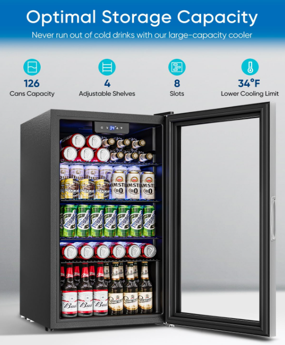 Beverage Refrigerator Cooler - 126 Can Mini Fridge Glass Door for Drinks