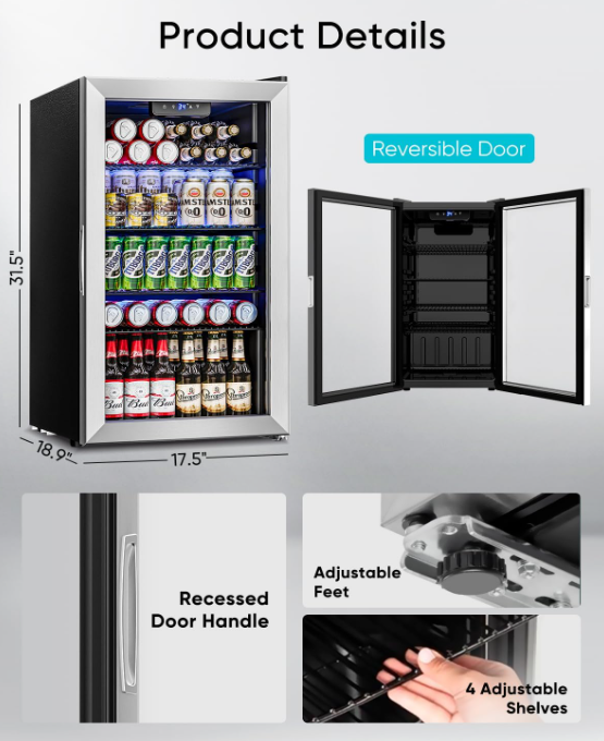 Beverage Refrigerator Cooler - 126 Can Mini Fridge Glass Door for Drinks