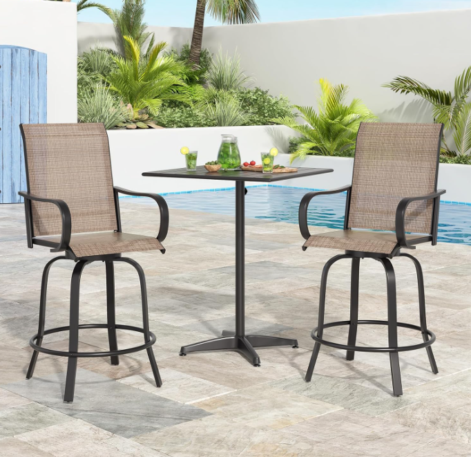 Patio Swivel Bar Stools Set of 2, Outdoor High Bistro Stools, Brown/Black
