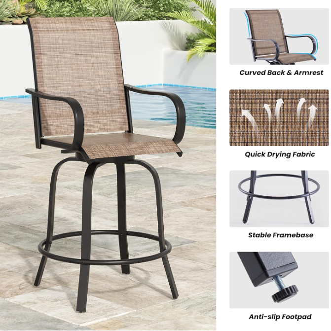 Patio Swivel Bar Stools Set of 2, Outdoor High Bistro Stools, Brown/Black