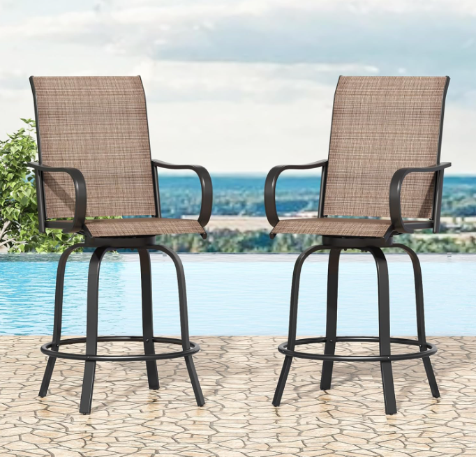 Patio Swivel Bar Stools Set of 2, Outdoor High Bistro Stools, Brown/Black