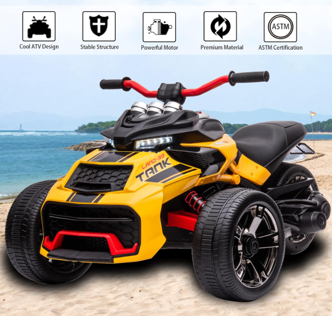 24V Kids Ride On Motorcycle ATV, 3 Wheels, Yellow
