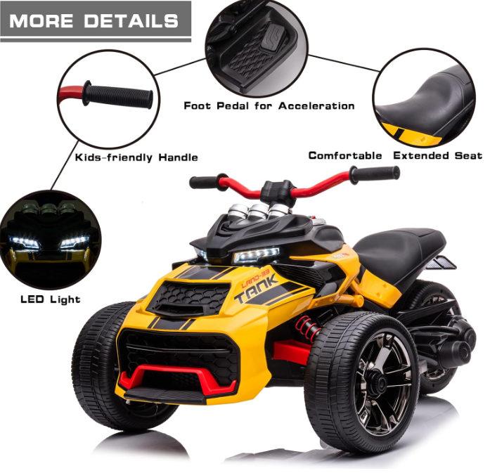 24V Kids Ride On Motorcycle ATV, 3 Wheels, Yellow